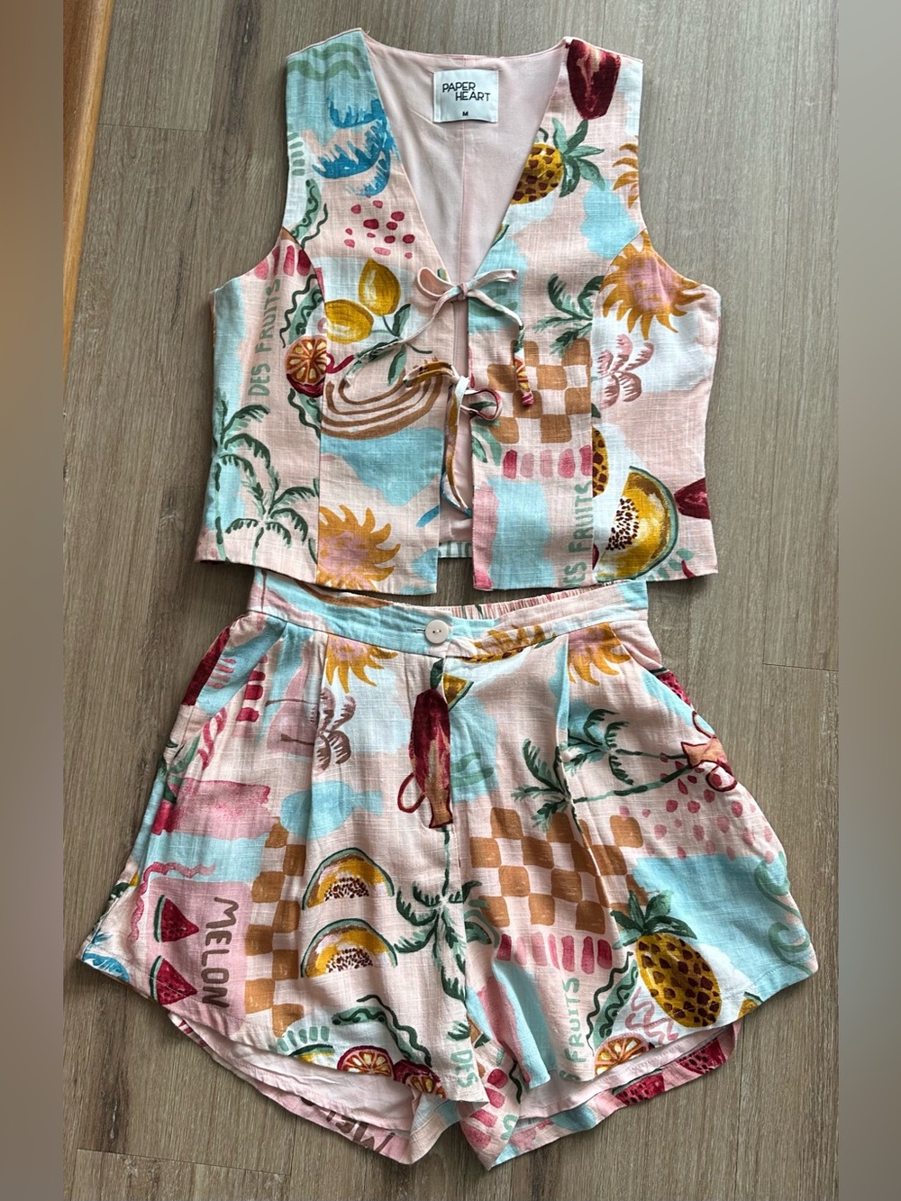 Linen Blend Sz M Paper Heart 2 Piece Set Summer Print in Pastel Pink & Aqua